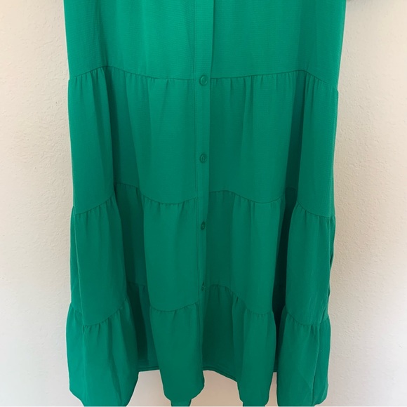Monteau Emerald Green Tiered Collared Midi Dress Medium Button Pockets - Picture 4 of 11